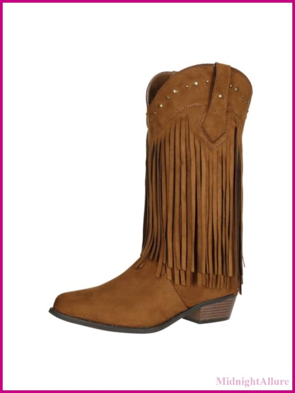 Wide Calf Fringe Cowboy Boots Faux Leather Mid-Calf Western Pull-On